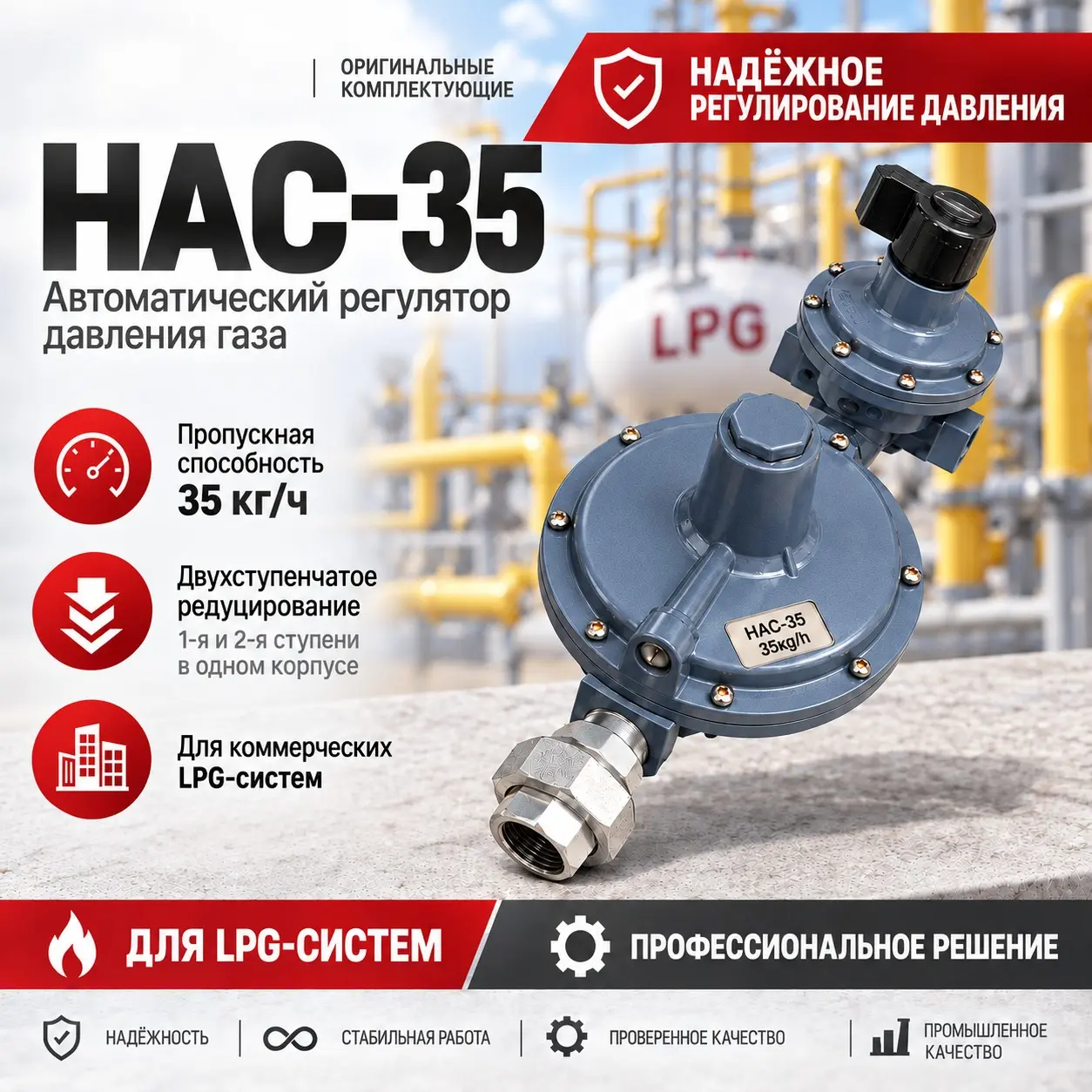 Регулятор давления газа с высокого на низкое 35 кг/ч (LPG) HAC-35